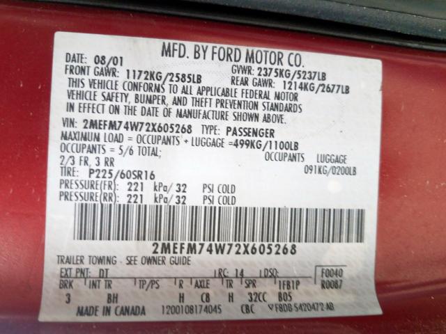 2MEFM74W72X605268 - 2002 MERCURY GRAND MARQUIS GS  photo 10