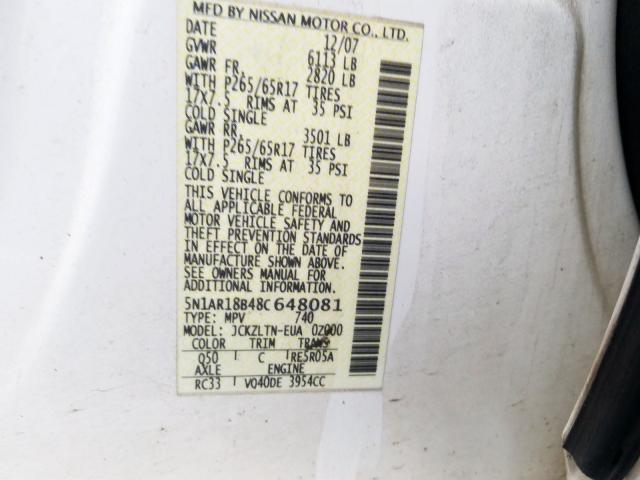 5N1AR18B48C648081 - 2008 NISSAN PATHFINDER S  photo 10