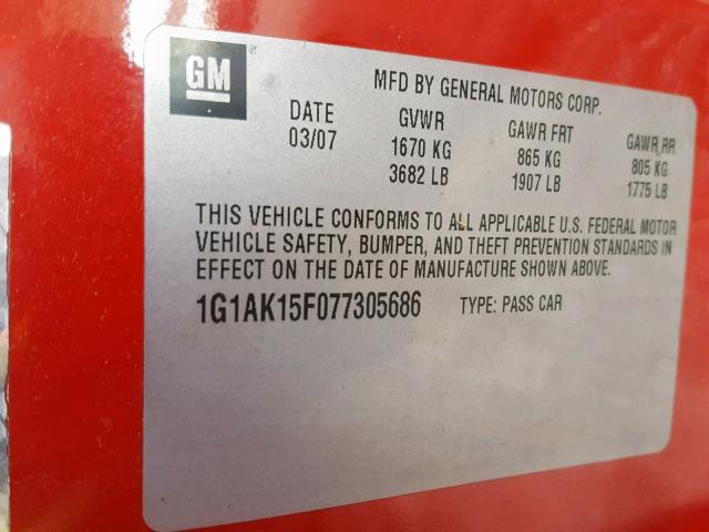 1G1AK15F077305686 - 2007 CHEVROLET COBALT LS RED photo 10