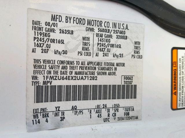 1FMZU64EX2UA71282 - 2002 FORD EXPLORER E WHITE photo 10