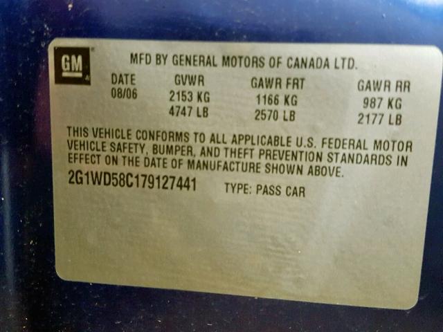 2G1WD58C179127441 - 2007 CHEVROLET IMPALA SUP Көк фото 10