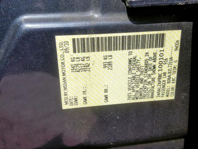 1N4AL2AP8BC100101 - 2011 NISSAN ALTIMA BAS GRAY photo 10