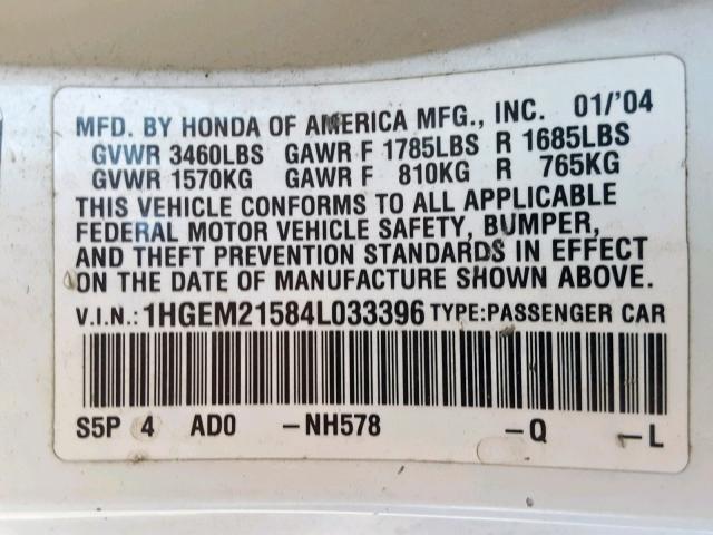 1HGEM21584L033396 - 2004 HONDA CIVIC LX WHITE photo 10