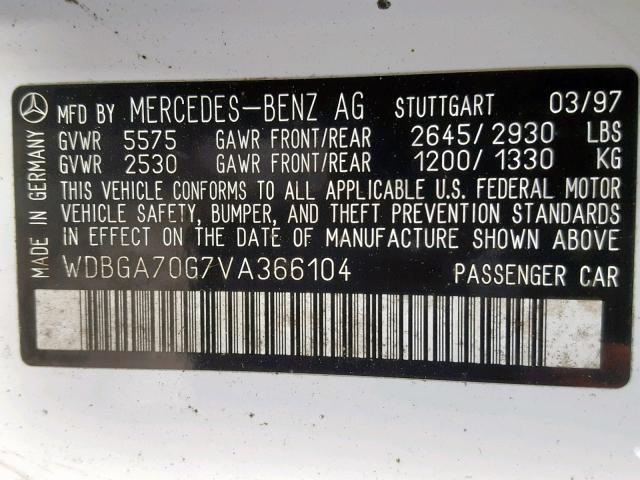 WDBGA70G7VA366104 - 1997 MERCEDES-BENZ S 500 WHITE photo 10