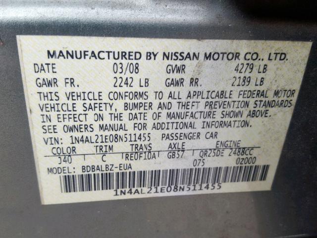 1N4AL21E08N511455 - 2008 NISSAN ALTIMA 2.5 GREEN photo 10