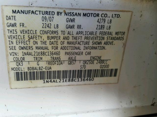 1N4AL21E88C136460 - 2008 NISSAN ALTIMA 2.5 WHITE photo 10