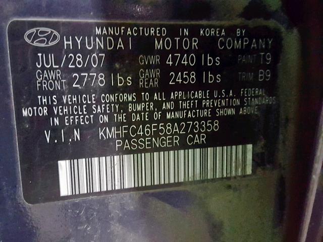 KMHFC46F58A273358 - 2008 HYUNDAI AZERA SE BLUE photo 10