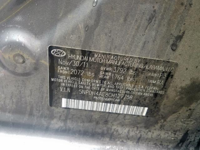 5NPDH4AE8CH127758 - 2012 HYUNDAI ELANTRA GLS  photo 10