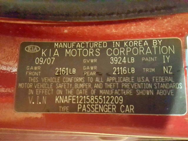 KNAFE121585512209 - 2008 KIA SPECTRA EX MAROON photo 10