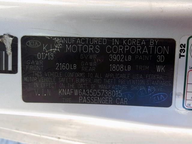 KNAFW6A35D5738015 - 2013 KIA FORTE SX SILVER photo 10