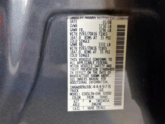 1N6AD09U38C444978 - 2008 NISSAN FRONTIER C GRAY photo 10