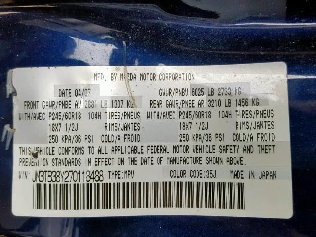 JM3TB38Y270118488 - 2007 MAZDA CX-9 BLUE photo 10