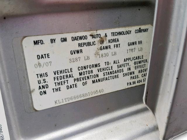 KL1TD66668B109540 - 2008 CHEVROLET AVEO BASE Gümüş foto 10