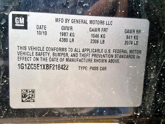 1G1ZC5E1XBF218422 - 2011 CHEVROLET MALIBU 1LT 黑色 照片 10