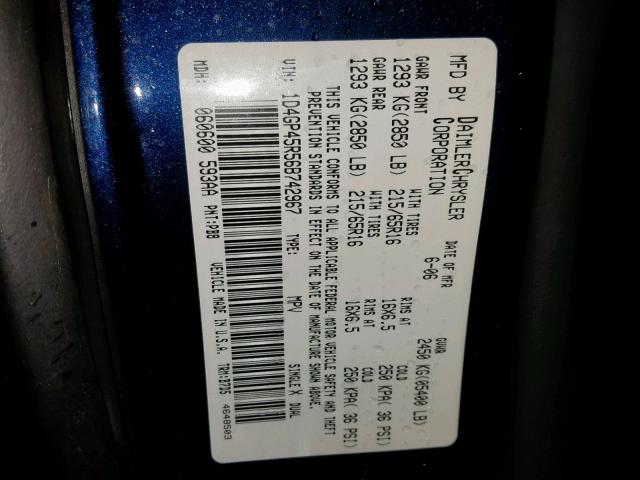 1D4GP45R56B742967 - 2006 DODGE CARAVAN SX BLUE photo 10