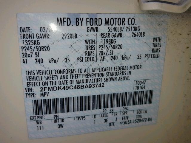 2FMDK49C48BA93742 - 2008 FORD EDGE LIMIT CREAM photo 10