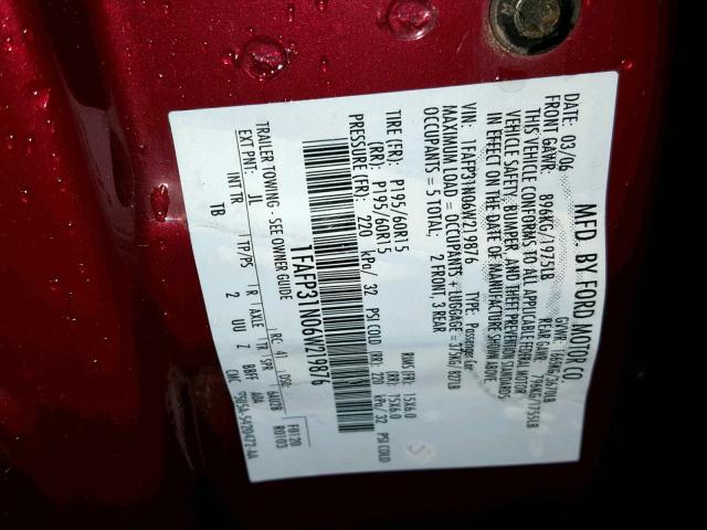 1FAFP31N06W219876 - 2006 FORD FOCUS ZX3 RED photo 10