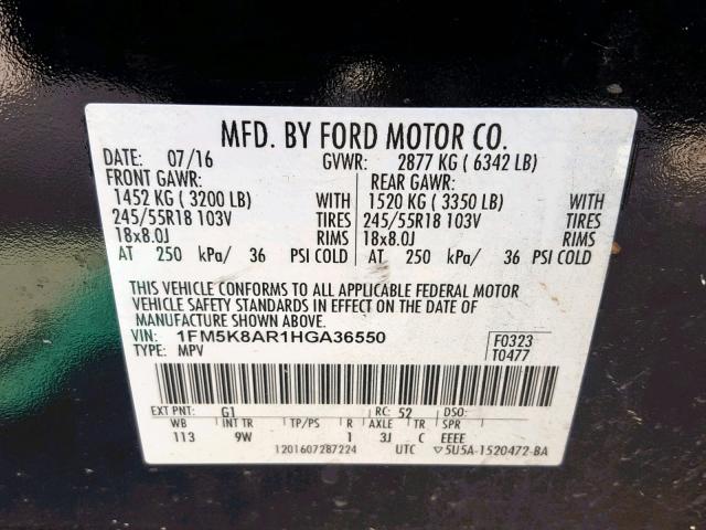 1FM5K8AR1HGA36550 - 2017 FORD EXPLORER P BLACK photo 10