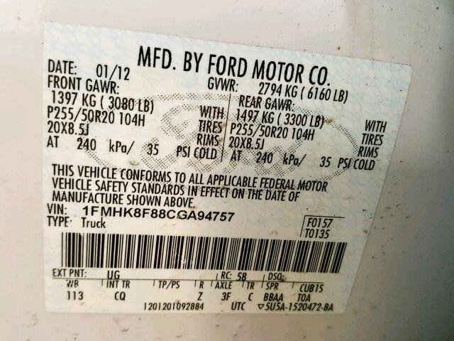 1FMHK8F88CGA94757 - 2012 FORD EXPLORER L WHITE photo 10