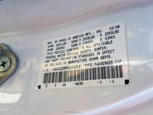 1HGCS22858A010312 - 2008 HONDA ACCORD EXL WHITE photo 10