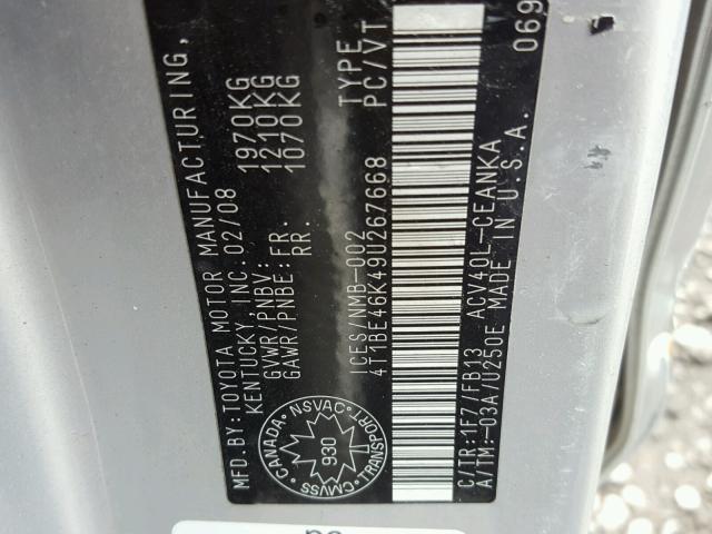 4T1BE46K49U267668 - 2009 TOYOTA CAMRY BASE SILVER photo 10