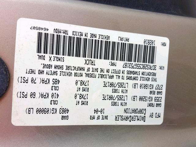 3D7KS28C55G753187 - 2005 DODGE RAM 2500 S თაფლისფერი ფოტო 10