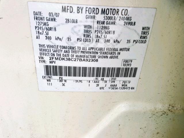 2FMDK38C27BA92308 - 2007 FORD EDGE SEL CREAM photo 10