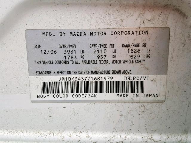 JM1BK343771681979 - 2007 MAZDA 3 HATCHBAC WHITE photo 10