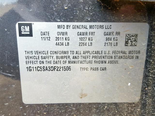 1G11C5SA3DF221506 - 2013 CHEVROLET MALIBU 1LT გრაფიტი ფოტო 10