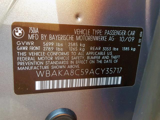 WBAKA8C59ACY35717 - 2010 BMW 750 I SILVER photo 10