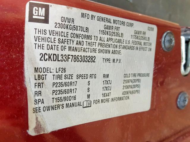 2CKDL33F786303282 - 2008 PONTIAC TORRENT MAROON photo 10