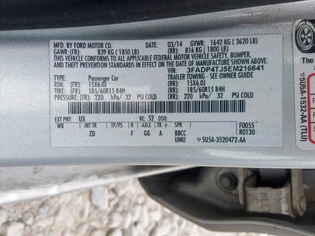 3FADP4TJ5EM216641 - 2014 FORD FIESTA S SILVER photo 10