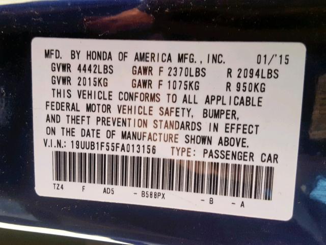 19UUB1F55FA013156 - 2015 ACURA TLX TECH BLUE photo 10