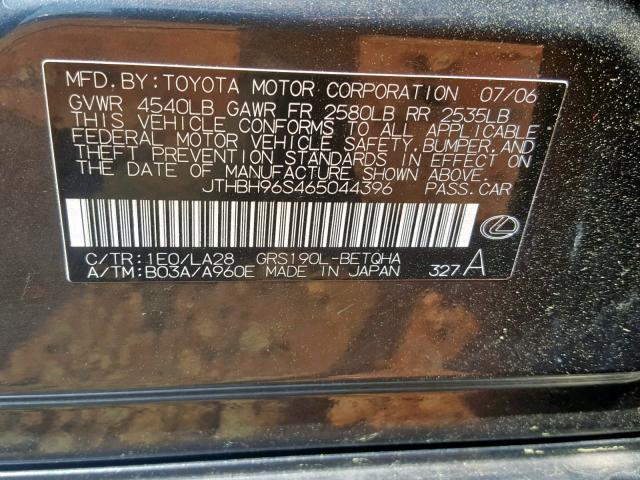 JTHBH96S465044396 - 2006 LEXUS GS 300 GRAY photo 10