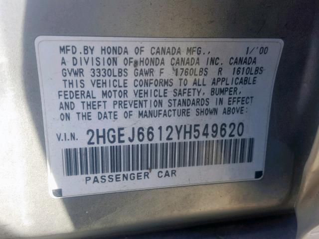 2HGEJ6612YH549620 - 2000 HONDA CIVIC BASE SILVER photo 10