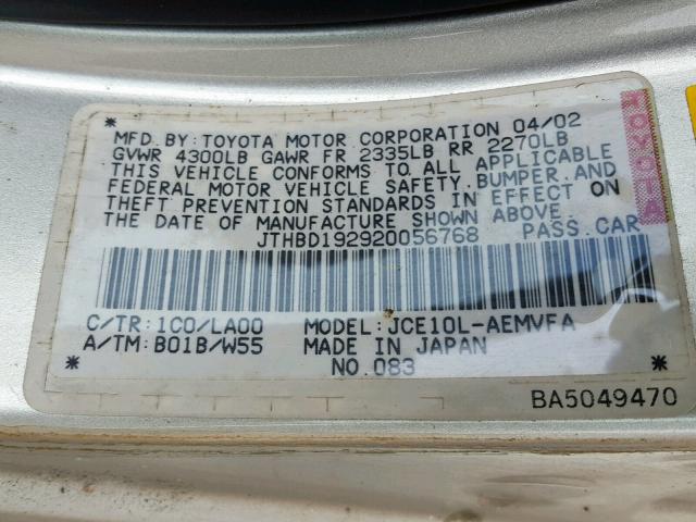 JTHBD192920056768 - 2002 LEXUS IS 300 SILVER photo 10