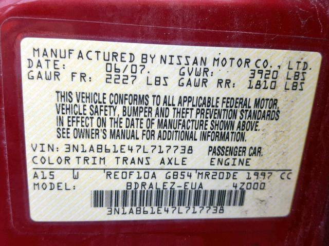 3N1AB61E47L717738 - 2007 NISSAN SENTRA 2.0 RED photo 10