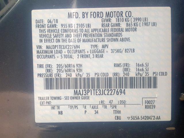 MAJ3P1TE3JC227694 - 2018 FORD ECOSPORT S CHARCOAL photo 10