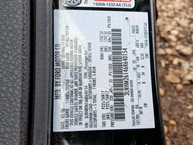 3LNHM26146R640154 - 2006 LINCOLN ZEPHYR BLACK photo 10