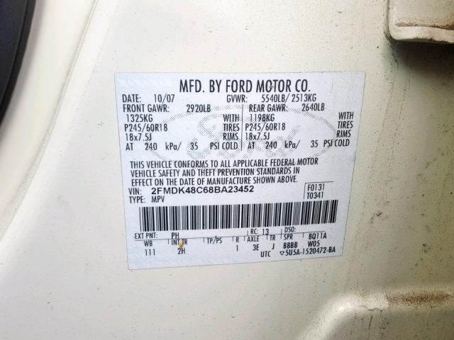 2FMDK48C68BA23452 - 2008 FORD EDGE SEL WHITE photo 10