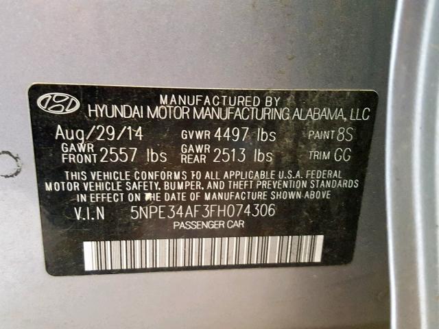 5NPE34AF3FH074306 - 2015 HYUNDAI SONATA SPO GRAY photo 10