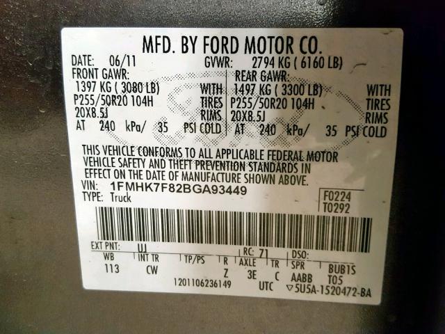 1FMHK7F82BGA93449 - 2011 FORD EXPLORER L GRAY photo 10