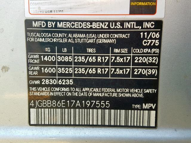 4JGBB86E17A197555 - 2007 MERCEDES-BENZ ML 350 SILVER photo 10