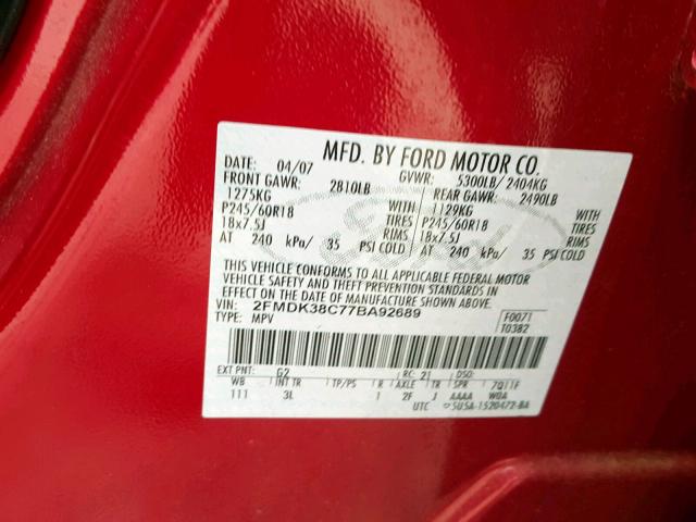 2FMDK38C77BA92689 - 2007 FORD EDGE SEL RED photo 10