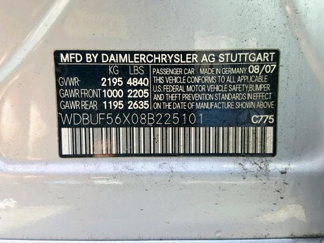 WDBUF56X08B225101 - 2008 MERCEDES-BENZ E 350 SILVER photo 10