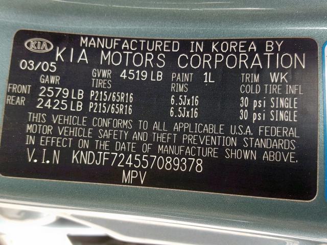 KNDJF724557089378 - 2005 KIA NEW SPORTA GREEN photo 10