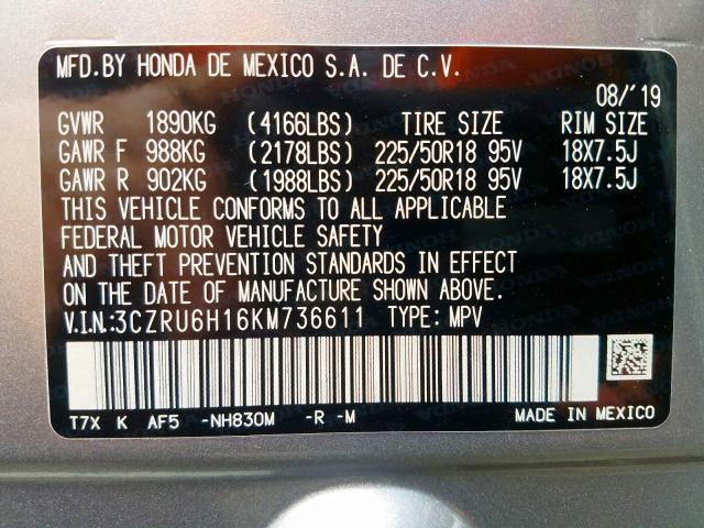 3CZRU6H16KM736611 - 2019 HONDA HR-V SPORT  photo 10