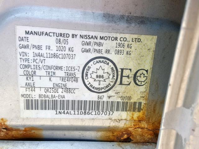 1N4AL11D86C107037 - 2006 NISSAN ALTIMA S SILVER photo 10