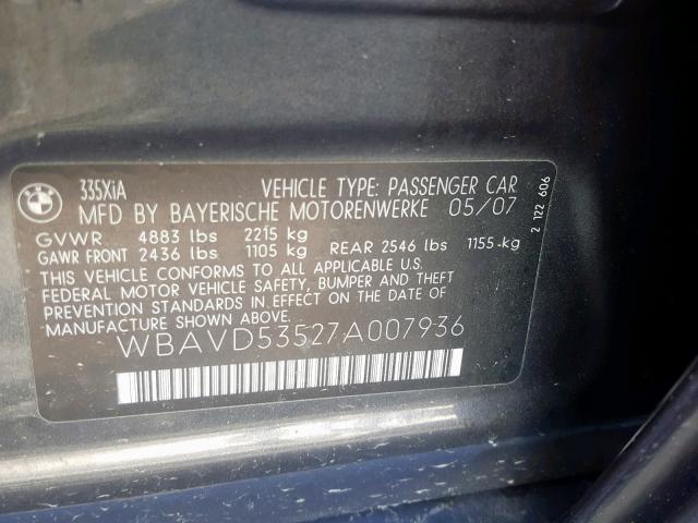 WBAVD53527A007936 - 2007 BMW 335 XI GRAY photo 10