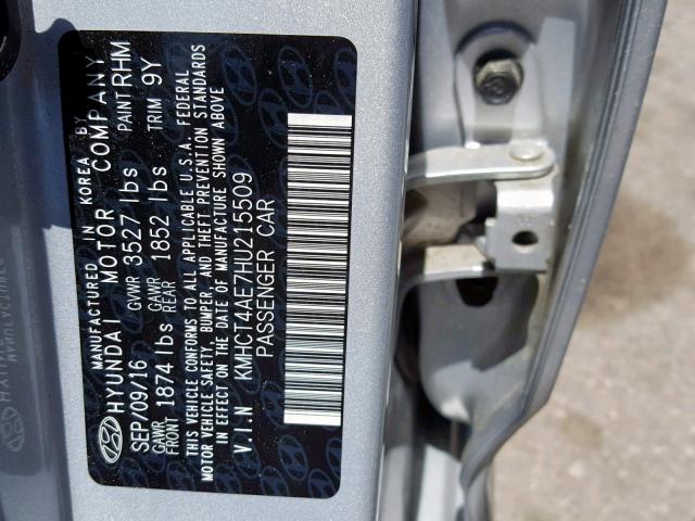 KMHCT4AE7HU215509 - 2017 HYUNDAI ACCENT SE SILVER photo 10